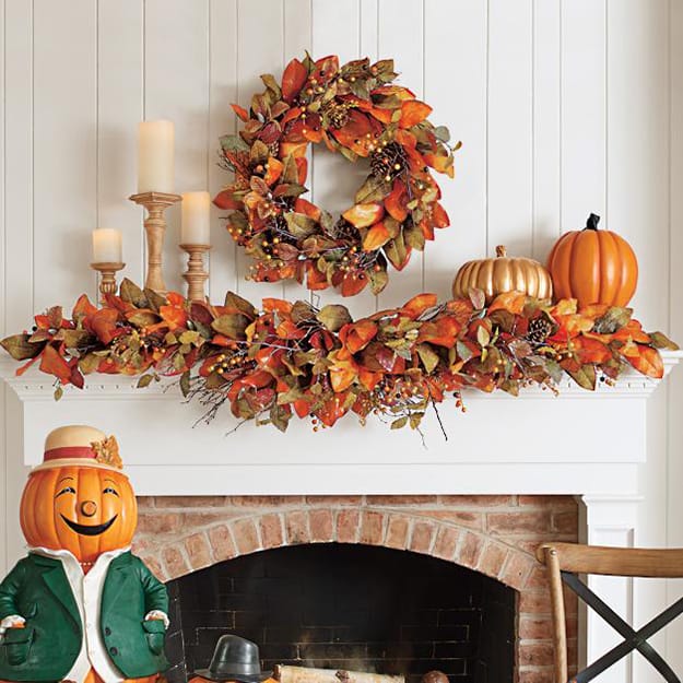 fall leaves fireplace garland wreath