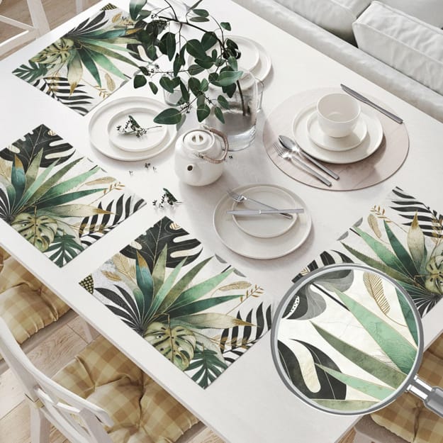 green leaf patterns place mats linens