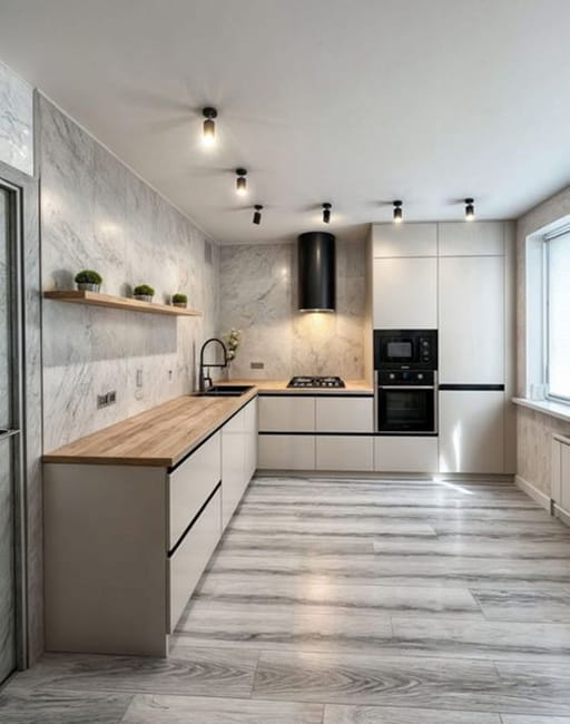 contemporary kitchen interior no upper cabinets