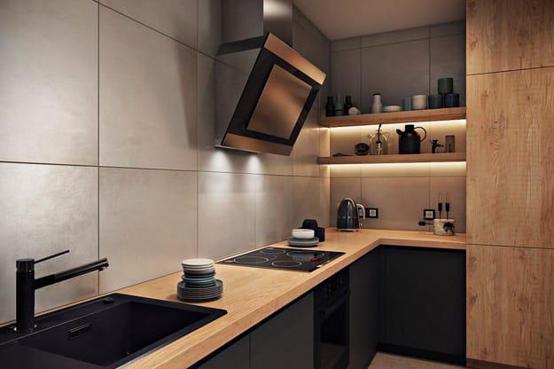 contemporary kitchen interior no upper cabinets