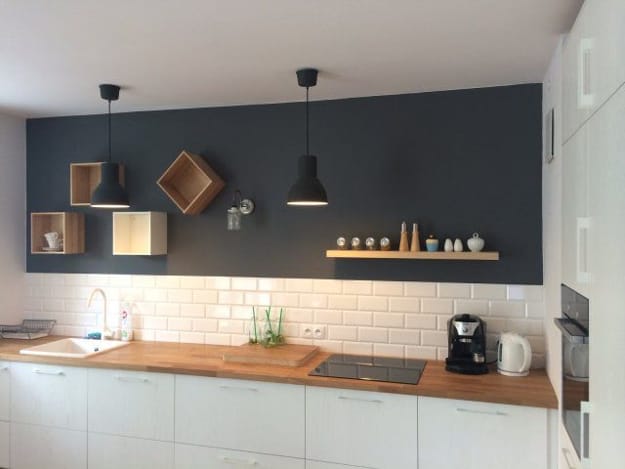 dark kitchen wall open shelves