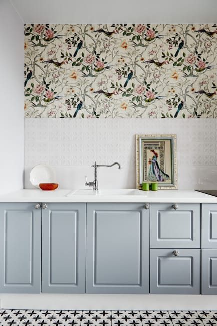 empty kitchen wall decorated with wallpaper