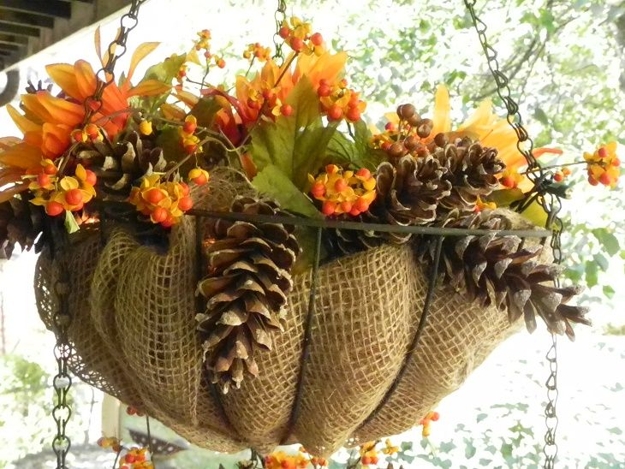 hanging basket fall flowers pine cones