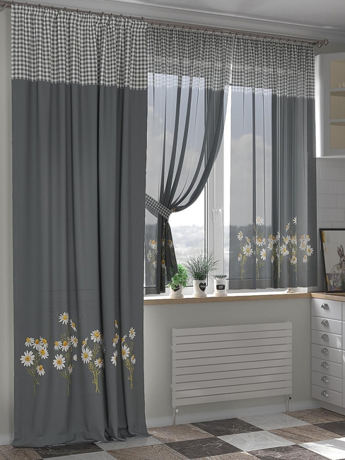 short long curtain panels gray color floral design