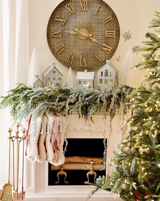vintage style fireplace decorating christmas tree garland stockings