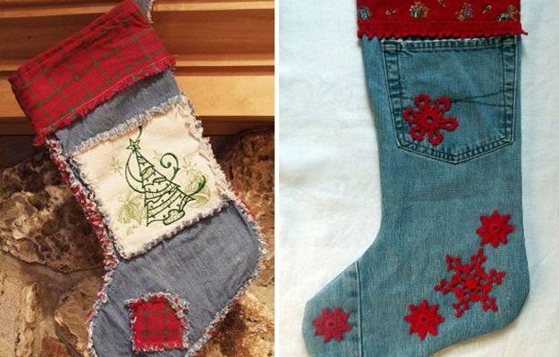 winter craft ideas recycle denim fabric holiday decorations