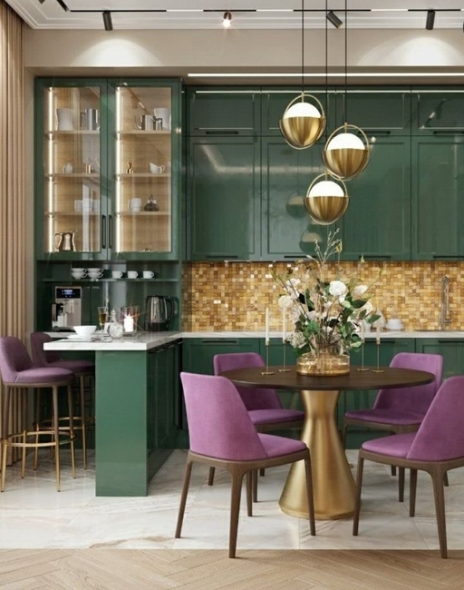 green kitchen cabinets purple chairs