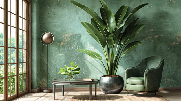 green wallpaper houseplants