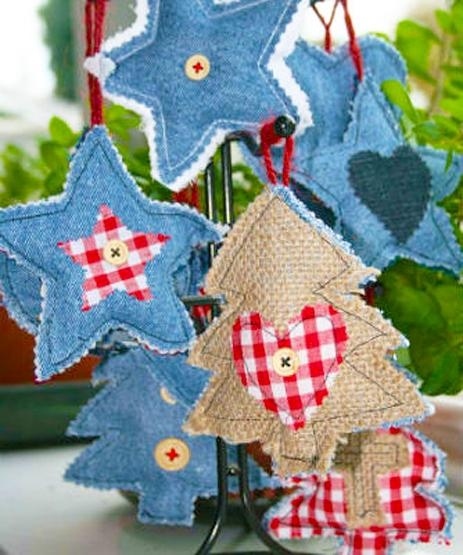 denim fabric holiday tree ornaments