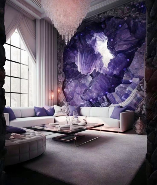 purple wallpaper white living room furniture