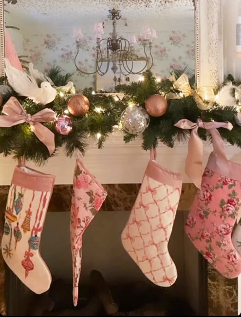pink stockings fireplace decorating