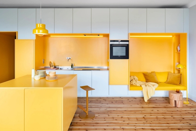 yellow white kitchen design