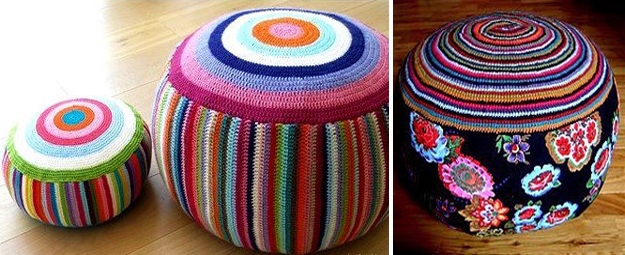 colorful crochet poufs