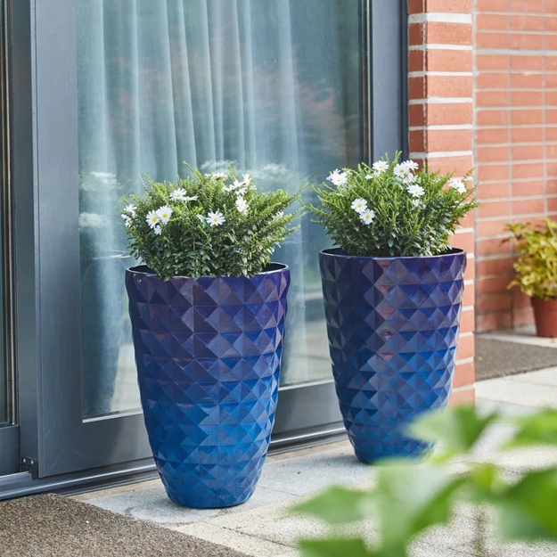 blue vertical planters