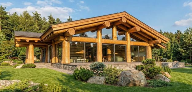 log and glass house design