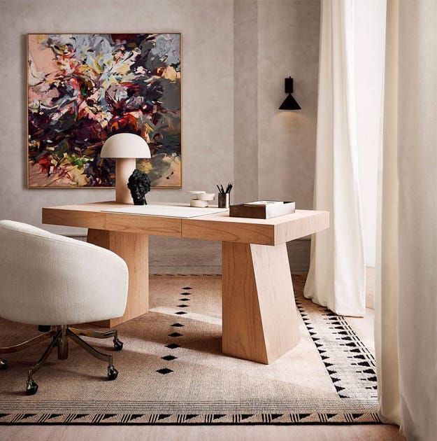 wooden desk soft upholstered chair