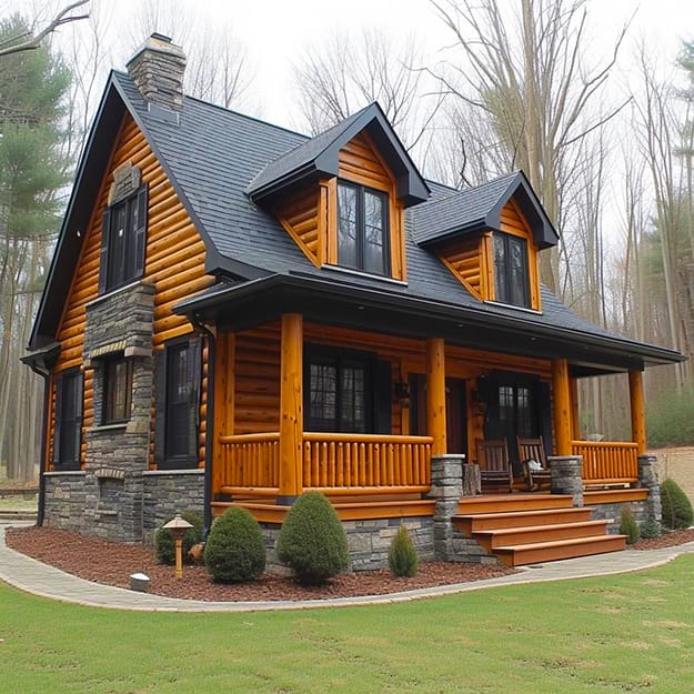modern log stone home